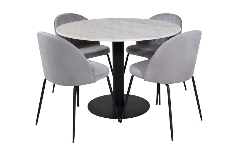 Admira Spisebordssæt 106 cm Rundt Marmor inkl 4 Foyos Stole, Hvid/Sort/Grå