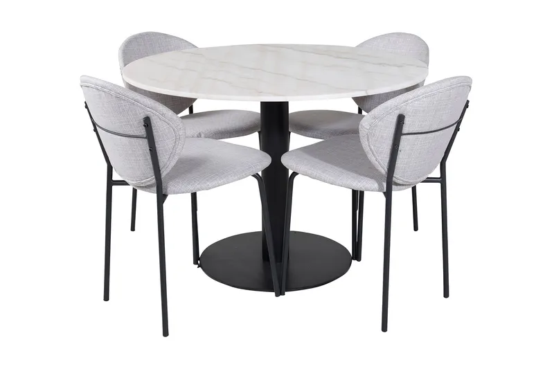 Admira Spisebordssæt 106 cm Rundt Marmor inkl 4 Moncoll Stol, Hvid/Sort/Beige