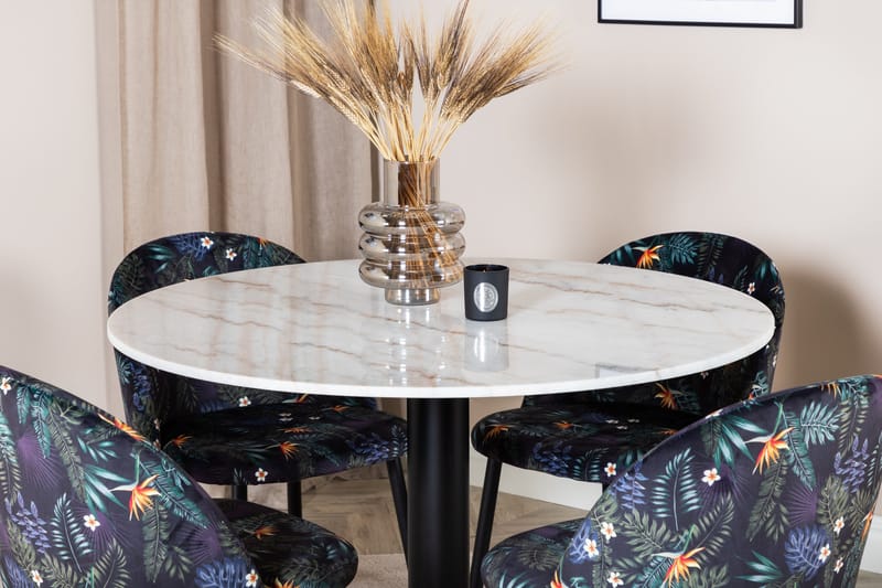Admira Spisebordssæt 106 cm Rundt Marmor inkl 4 Sedavi Stole - Hvid/Sort/Blå - Møbler - Borde - Spisebordssæt