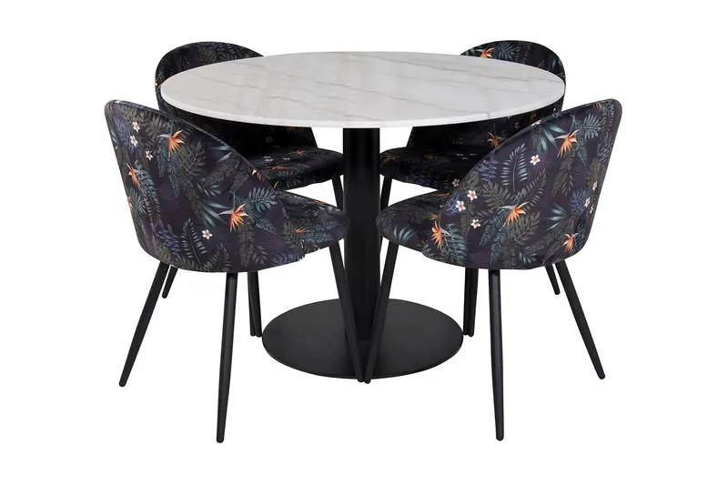 Admira Spisebordssæt 106 cm Rundt Marmor inkl 4 Sedavi Stole, Hvid/Sort/Blå