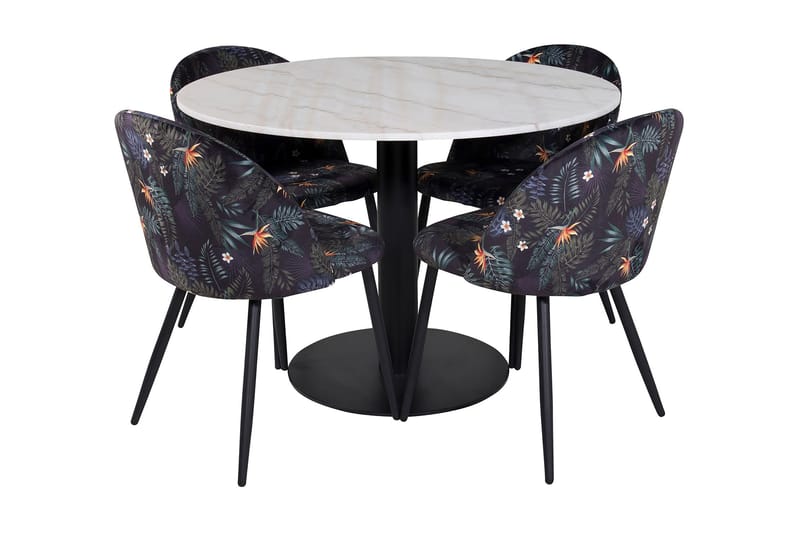 Admira Spisebordssæt 106 cm Rundt Marmor inkl 4 Sedavi Stole, Hvid/Sort/Blå