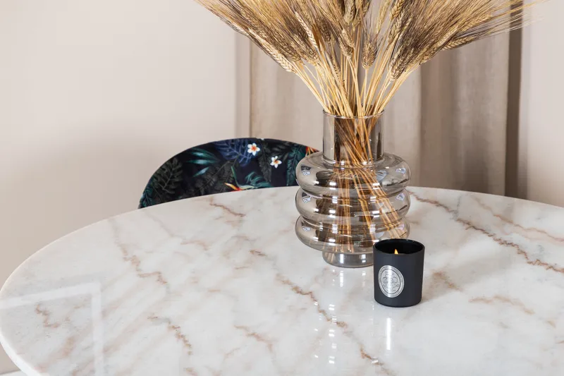 Admira Spisebordssæt 106 cm Rundt Marmor inkl 4 Sedavi Stole - Hvid/Sort/Blå - Møbler - Borde - Spisebordssæt