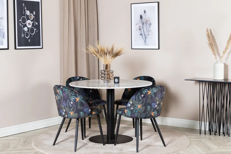 Admira Spisebordssæt 106 cm Rundt Marmor inkl 4 Sedavi Stole - Hvid/Sort/Blå - Møbler - Borde - Spisebordssæt