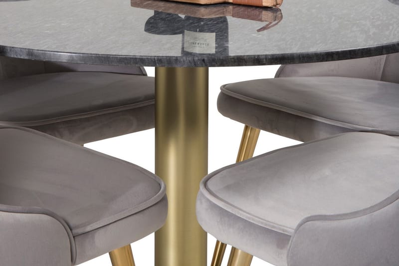 Admira Spisebordssæt 106cm Rund marmor+4 Valera Luksus Velou - Grå / messing - Spisebordssæt