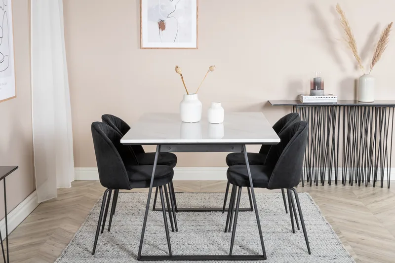 Admira Spisebordssæt 140 cm inkl 4 Foyos Stole - Marmor/Hvid/Sort - Møbler - Borde - Spisebordssæt