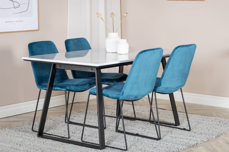 Admira Spisebordssæt 140 cm inkl 4 Jadraque Stole - Marmor/Hvid/Sort/Blå - Møbler - Borde - Spisebordssæt