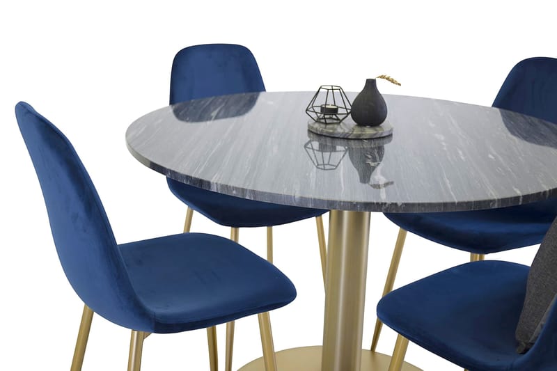 Admira Spisebordssæt Rund Marmor med 4 Pontus Stol Velour - Sort/Messing/Blå - Spisebordssæt