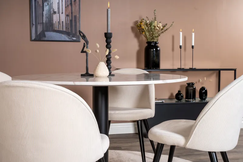 Admira Spisegruppe 106 cm Rundt Marmorbord med 4 Valera Spisestole - Beige / Marmor - Møbler - Borde - Spisebordssæt