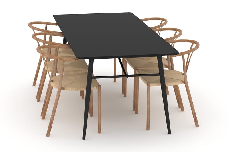 Adrianah Spisebord 200 cm med 6st Elysia Spisebordsstol - Beige/Sort - Spisebordssæt