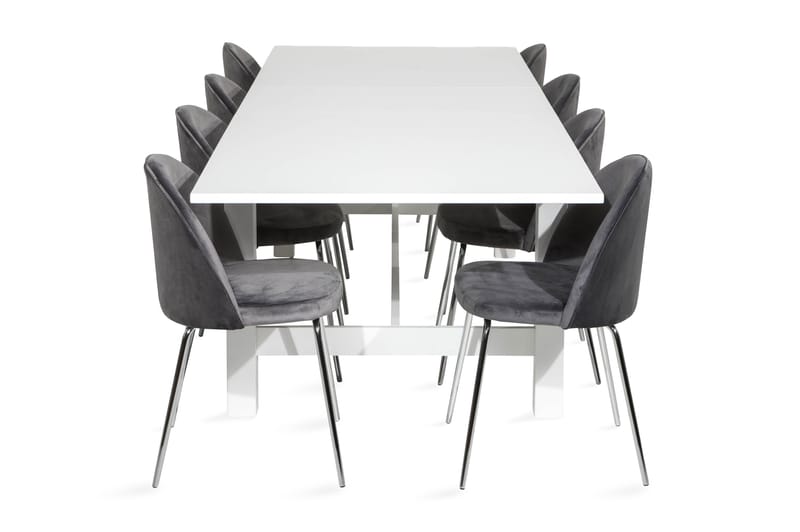 Aleta Spisebordssæt (Kan forlænges) med 8 Felipe Stol Velour - Hvid/Grå/Forkromede Ben - Spisebordssæt