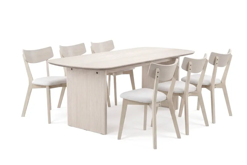 Alma spisegruppe 180 cm rektangulær hvidlakeret med 6 Amelia spisestole med hynde - Hvidlaseret/beige - Møbler - Borde - Spisebordssæt