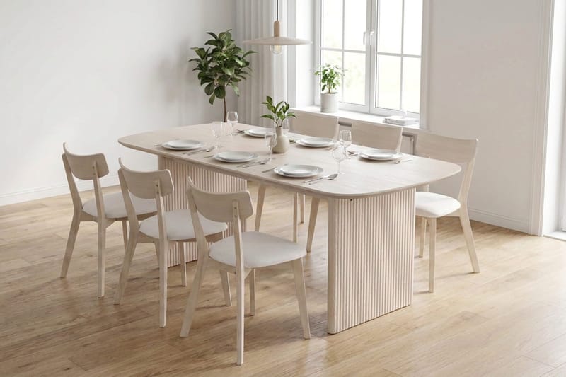 Alma spisegruppe 180 cm rektangulær hvidlakeret med 6 Amelia spisestole med hynde - Hvidlaseret/beige - Møbler - Borde - Spisebordssæt