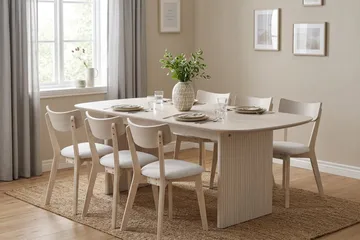 Alma spisegruppe 220 cm rektangulær hvidlakeret med 6 Amelia spisestole med hynde - Hvidlaseret/beige - Møbler - Borde - Spisebordssæt