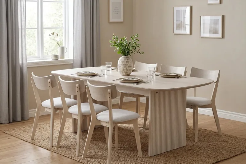 Alma spisegruppe 220 cm rektangulær hvidlakeret med 6 Amelia spisestole med hynde - Hvidlaseret/beige - Møbler - Borde - Spisebordssæt