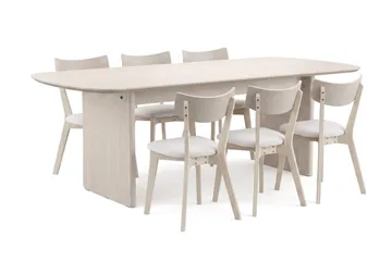Alma spisegruppe 220 cm rektangulær hvidlakeret med 6 Amelia spisestole med hynde - Hvidlaseret/beige - Møbler - Borde - Spisebordssæt