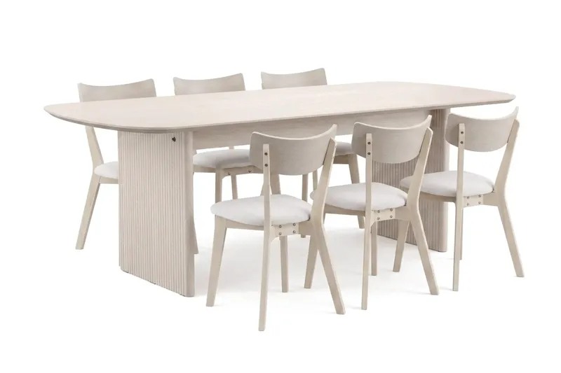 Alma spisegruppe 220 cm rektangulær hvidlakeret med 6 Amelia spisestole med hynde, Hvidlaseret/beige