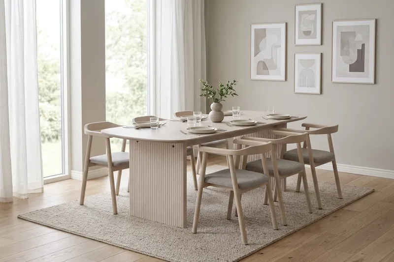 Alma spisegruppe rektangulær 180 cm hvidlaseret med 6 Jolie spisebordsstole - Møbler - Borde - Spisebordssæt