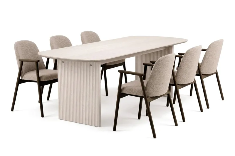 Alma spisegruppe rektangulær 180 cm hvidlaseret med 6 Reciclar spisestole, Hvidlaseret