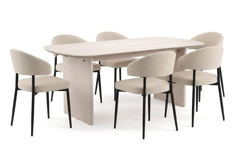 Alma spisegruppe rektangulær 180 cm hvidlaseret med 6 Sawako spisestole, Hvidlaseret