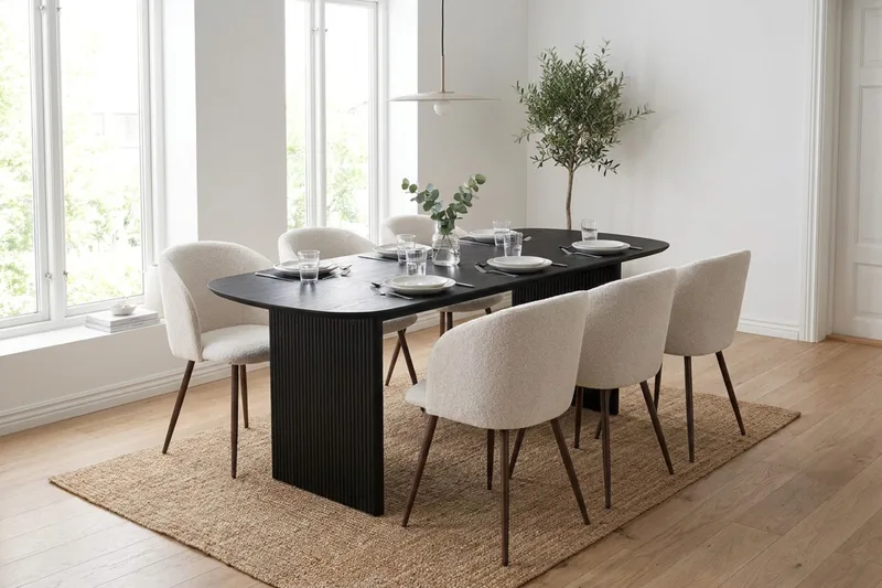 Alma spisegruppe rektangulær 180 cm sort med 6 Greya spisebordsstole - Sort - Møbler - Borde - Spisebordssæt