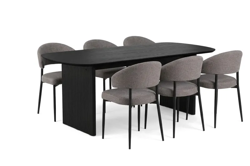 Alma spisegruppe rektangulær 180 cm Sort med 6 Sawako-spisestole, Sort