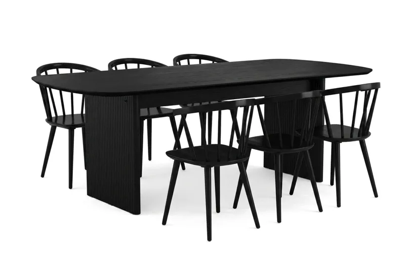 Alma spisegruppe rektangulær 220 cm sort med 6 Tyrö-spisestole, Sort