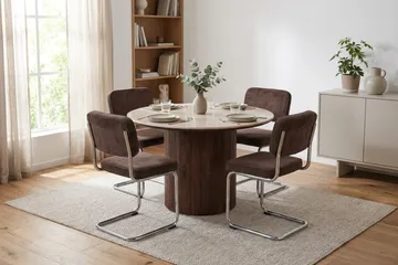 Arvo rund spisegruppe 120 cm i valnød med 4 Milva-spisestole - Valnød - Møbler - Borde - Spisebordssæt