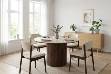 Arvo rund spisegruppe 120 cm i valnød med 4 Nala-spisestole - Valnød - Møbler - Borde - Spisebordssæt