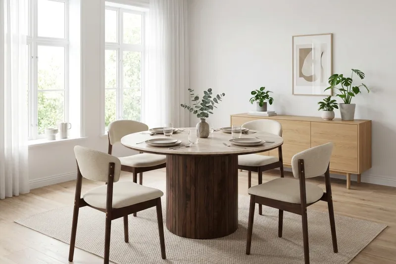 Arvo rund spisegruppe 120 cm i valnød med 4 Nala-spisestole - Valnød - Møbler - Borde - Spisebordssæt