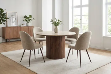 Arvo rund spisegruppe 120 cm i valnød med 4 Nibe Plus-spisestole - Valnød - Møbler - Borde - Spisebordssæt