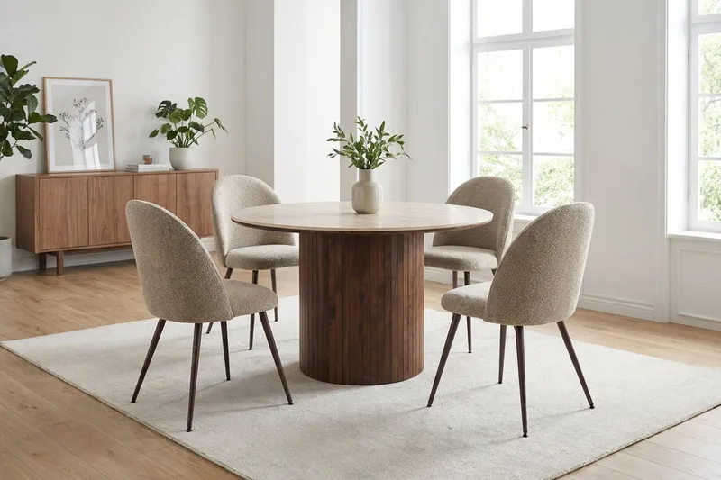 Arvo rund spisegruppe 120 cm i valnød med 4 Nibe Plus-spisestole - Valnød - Møbler - Borde - Spisebordssæt