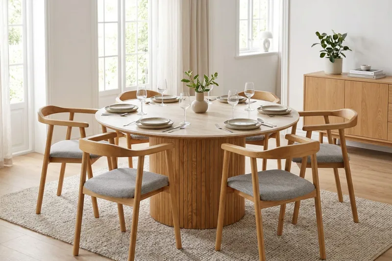 Arvo Spisegruppe rund 150 cm Eg med 6 Jolie Spisebordsstole - Eg - Møbler - Borde - Spisebordssæt
