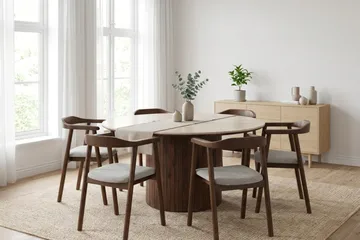 Arvo Spisegruppe rund 150 cm Valnød med 6 Jolie Spisebordsstole - Valnød - Møbler - Borde - Spisebordssæt