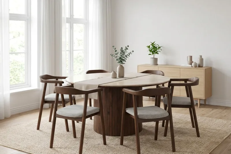 Arvo Spisegruppe rund 150 cm Valnød med 6 Jolie Spisebordsstole - Valnød - Møbler - Borde - Spisebordssæt