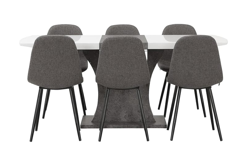 Azusa Spisebordssæt 140 cm med 6 John Stol - Hvid/Beton/Grå/Sort - Spisebordssæt