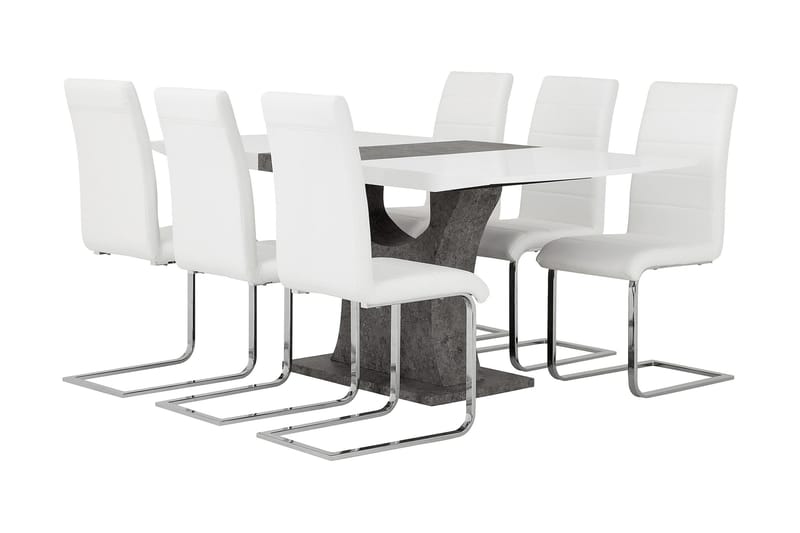 Azusa Spisebordssæt 140 cm med 6 Sorado Stole - Hvid/Beton - Spisebordssæt