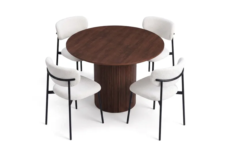Spisebordssæt Bark Kopparbo 110 cm Valnød Hvid Bouclé/Metalben Sort Rund 4 - Møbler - Borde - Spisebordssæt