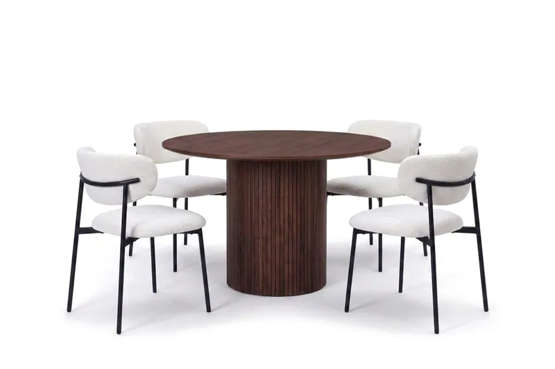 Spisebordssæt Bark Kopparbo 110 cm Valnød Hvid Bouclé/Metalben Sort Rund 4
