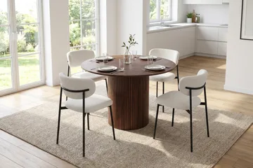 Spisebordssæt Bark Kopparbo 110 cm Valnød Hvid Bouclé/Metalben Sort Rund 4 - Møbler - Borde - Spisebordssæt