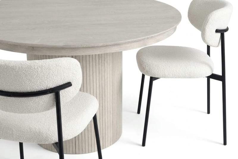 Spisebordssæt Bark Kopparbo 120-220 cm Hvidbejdset Hvid Bouclé/Metalben Sort Rund 4 - Møbler - Borde - Spisebordssæt
