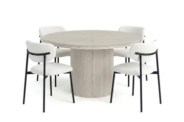 Spisebordssæt Bark Kopparbo 120-220 cm Hvidbejdset Hvid Bouclé/Metalben Sort Rund 4 - Møbler - Borde - Spisebordssæt