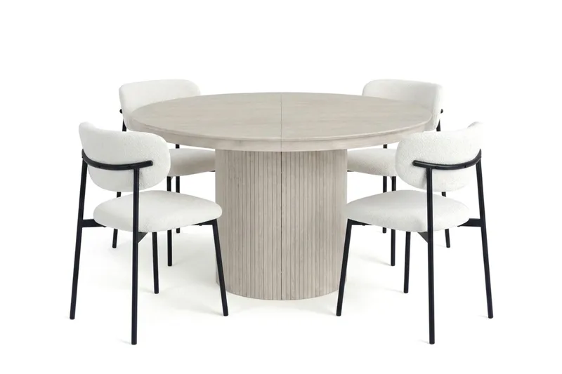 Spisebordssæt Bark Kopparbo 120-220 cm Hvidbejdset Hvid Bouclé/Metalben Sort Rund 4
