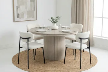 Spisebordssæt Bark Kopparbo 120-220 cm Hvidbejdset Hvid Bouclé/Metalben Sort Rund 4 - Møbler - Borde - Spisebordssæt