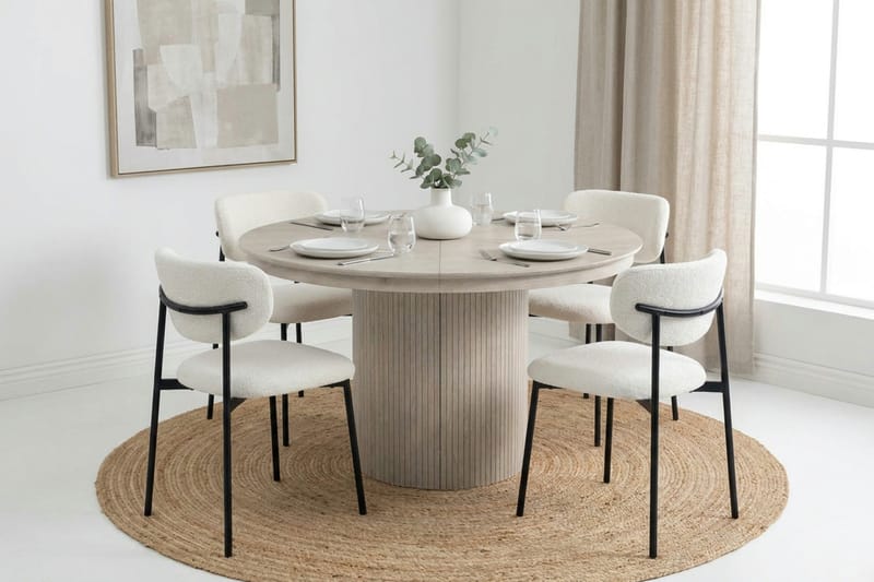 Spisebordssæt Bark Kopparbo 120-220 cm Hvidbejdset Hvid Bouclé/Metalben Sort Rund 4 - Møbler - Borde - Spisebordssæt