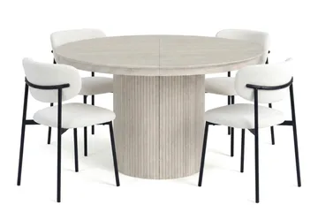 Spisebordssæt Bark Kopparbo 120-220 cm Hvidbejdset Hvid Bouclé/Metalben Sort Rund 4 - Møbler - Borde - Spisebordssæt