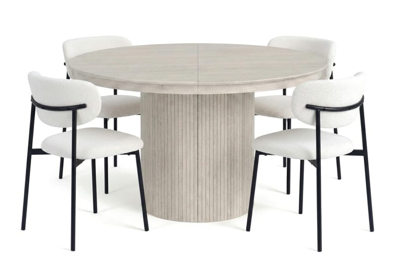 Spisebordssæt Bark Kopparbo 120-220 cm Hvidbejdset Hvid Bouclé/Metalben Sort Rund 4 - Møbler - Borde - Spisebordssæt