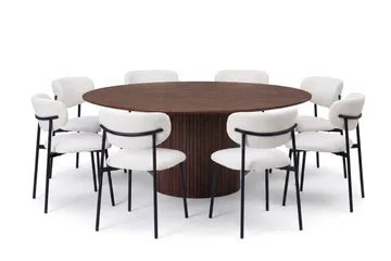 Spisebordssæt Bark Kopparbo 180 cm Valnød Hvid Bouclé/Metalben Sort Rund 8 - Valnød - Møbler - Borde - Spisebordssæt