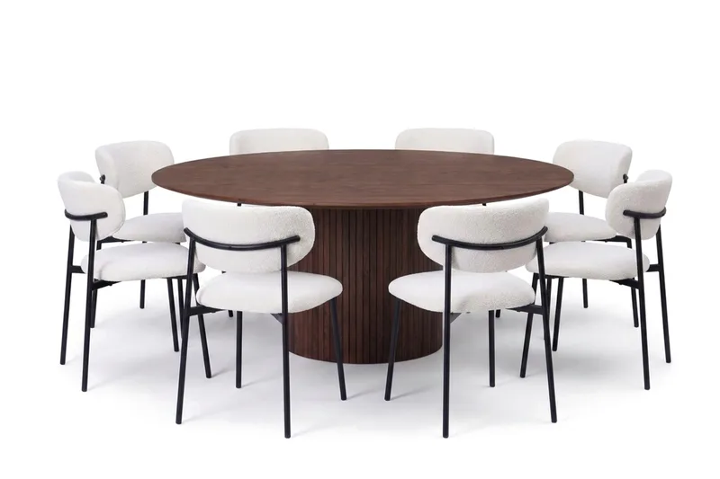 Spisebordssæt Bark Kopparbo 180 cm Valnød Hvid Bouclé/Metalben Sort Rund 8, Valnød