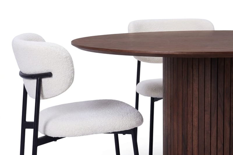 Spisebordssæt Bark Kopparbo 180 cm Valnød Hvid Bouclé/Metalben Sort Rund 8 - Valnød - Møbler - Borde - Spisebordssæt