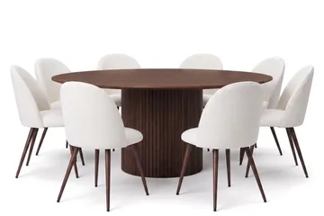 Spisebordssæt Bark Kopparbo 180 cm Valnød Hvid Bouclé/Metalben Valnød Rund 8 - Valnød - Møbler - Borde - Spisebordssæt